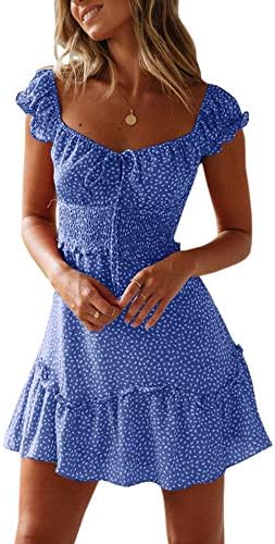 YOBECHO Womens Summer Ruffle Sleeve Sweetheart Neckline Printing Dress Mini Dresses