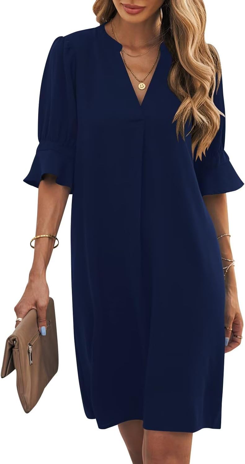 Wkior Shift Dress for Women V Neck Short Sleeves Solid Color Casual Flowy Summer Dresses(S-2XL)