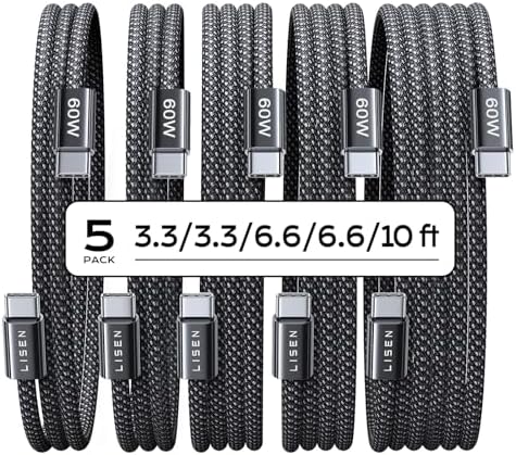 LISEN USB C to USB C Cable, 5-Pack [3.3/3.3/6.6/6.6/10FT] for iPhone 17 Charger Cord, 60W C to C Cable Fast Charging for iPad, iPhone 16 15 Pro Max, Galaxy S25/S24 USBC to USBC Cable Gifts for Men
