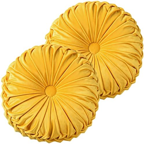 HIG Set of 2 Yellow Ruched Velvet Round Throw Pillows – 14.5’’ Decorative Pillows with Soft Polyester Filling for Couch, Bed, Living Room, Bedroom, or Dorm – Handmade, Stress Relieving, All-Season