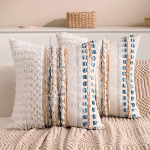 Boho Chenille Tufted Couch Throw Pillow Covers 18x18 Inch Set of 2 Farmhouse Striped Decorative Pillow Covers Accent Neutral Pillowcase Caramel Brown Blue Cushion Cover for Livingroom Sofa Bed