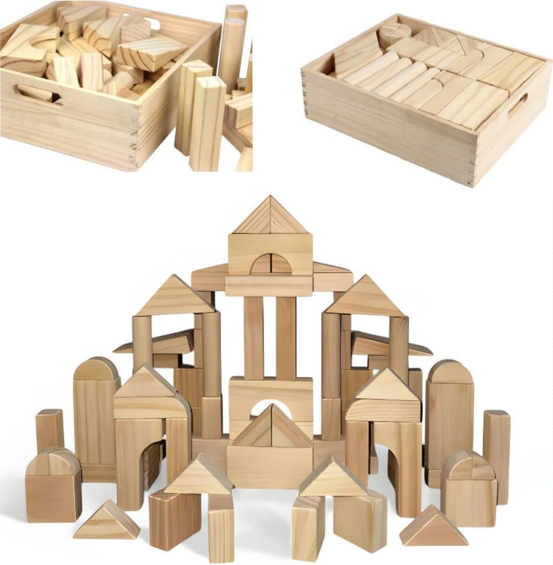 Standard Unit Building Blocks for Toddlers with Storage Tray (64 Pcs) Sanded Wood Blocks for Children, Original STEAM, and STEM Learning, Classic Wooden Toys for Kids Parties and Classrooms