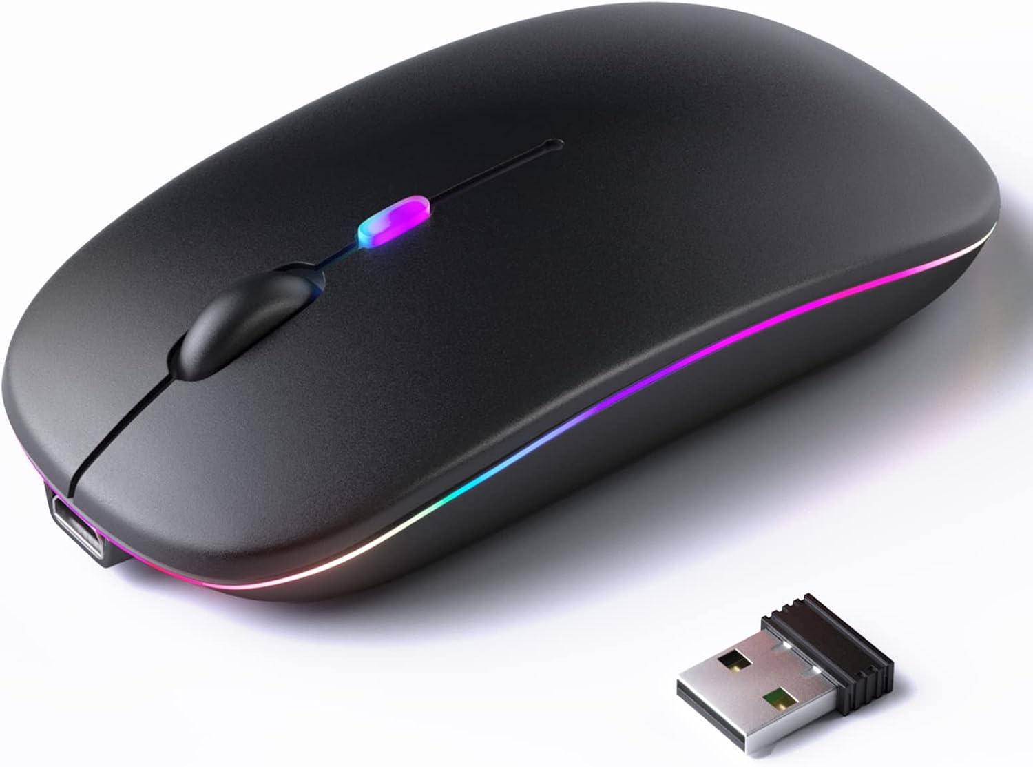 KANMABPC Wireless Bluetooth Mouse \u2013 Rechargeable, Silent, Dual Mode (Bluetooth 5.2 &amp; USB) with LED Lights \u2013 Portable for Laptop, Desktop, &amp; Tablet(Black)