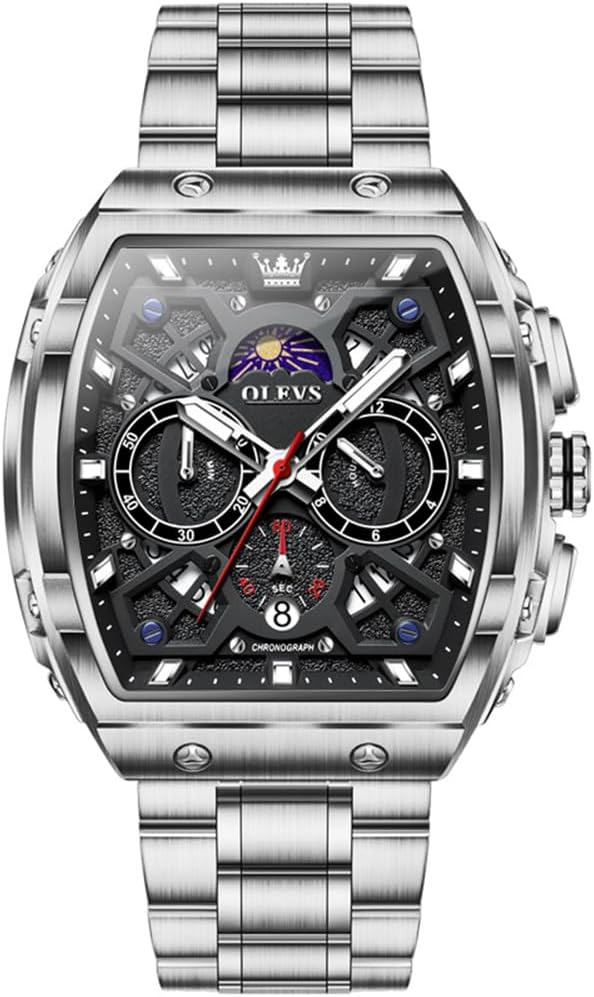 OLEVS Watches for Men Luxury Big Square Face Chronograph Moon Phase Stainless Steel Strap Dress Mens Watches Rectangle Waterproof Luminous Analog Quartz Wrist Watch-(Black\/Silver\/Blue)