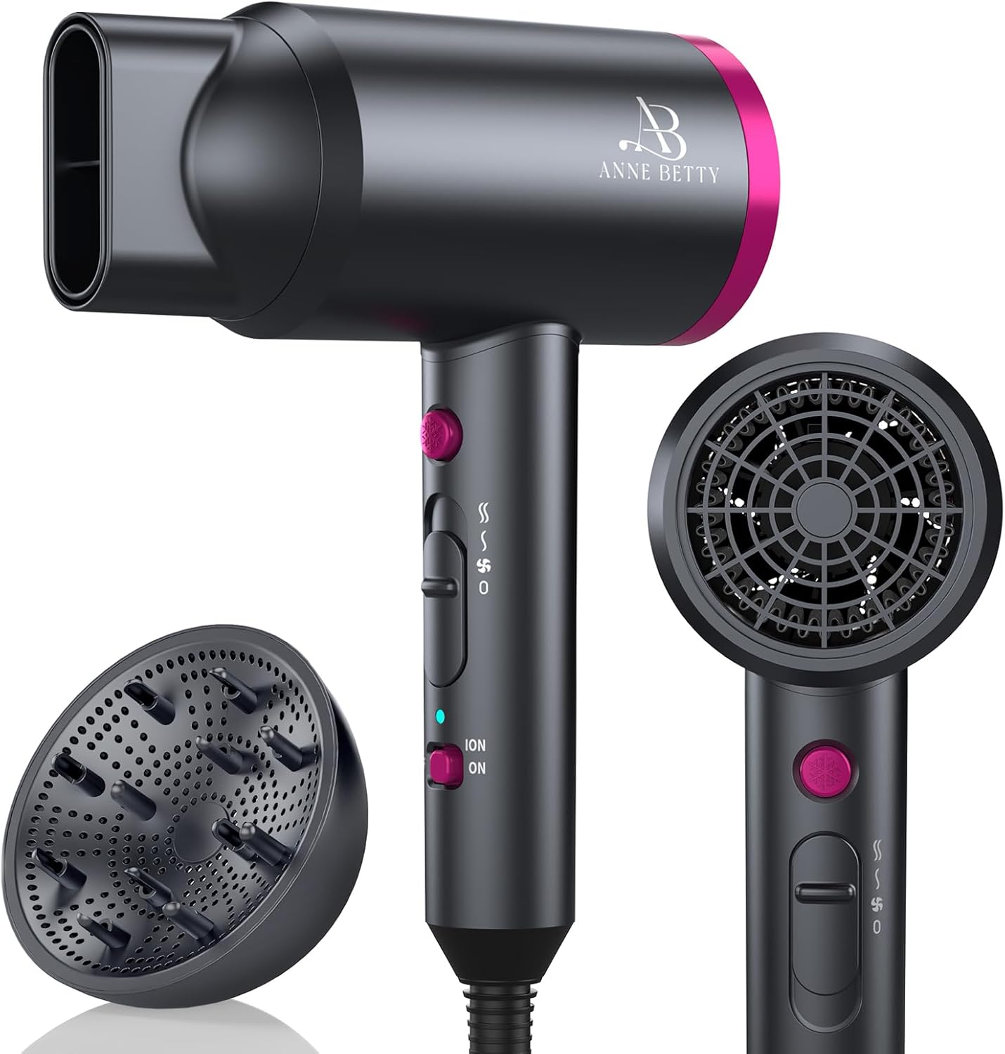 ANNE BETTY Ionic Hair Dryer with Diffuser, Powerful 1800W Blow Dryer for Women &amp; Men, Fast-Drying Hair Dryer with Nozzle for Home, Salon, Travel