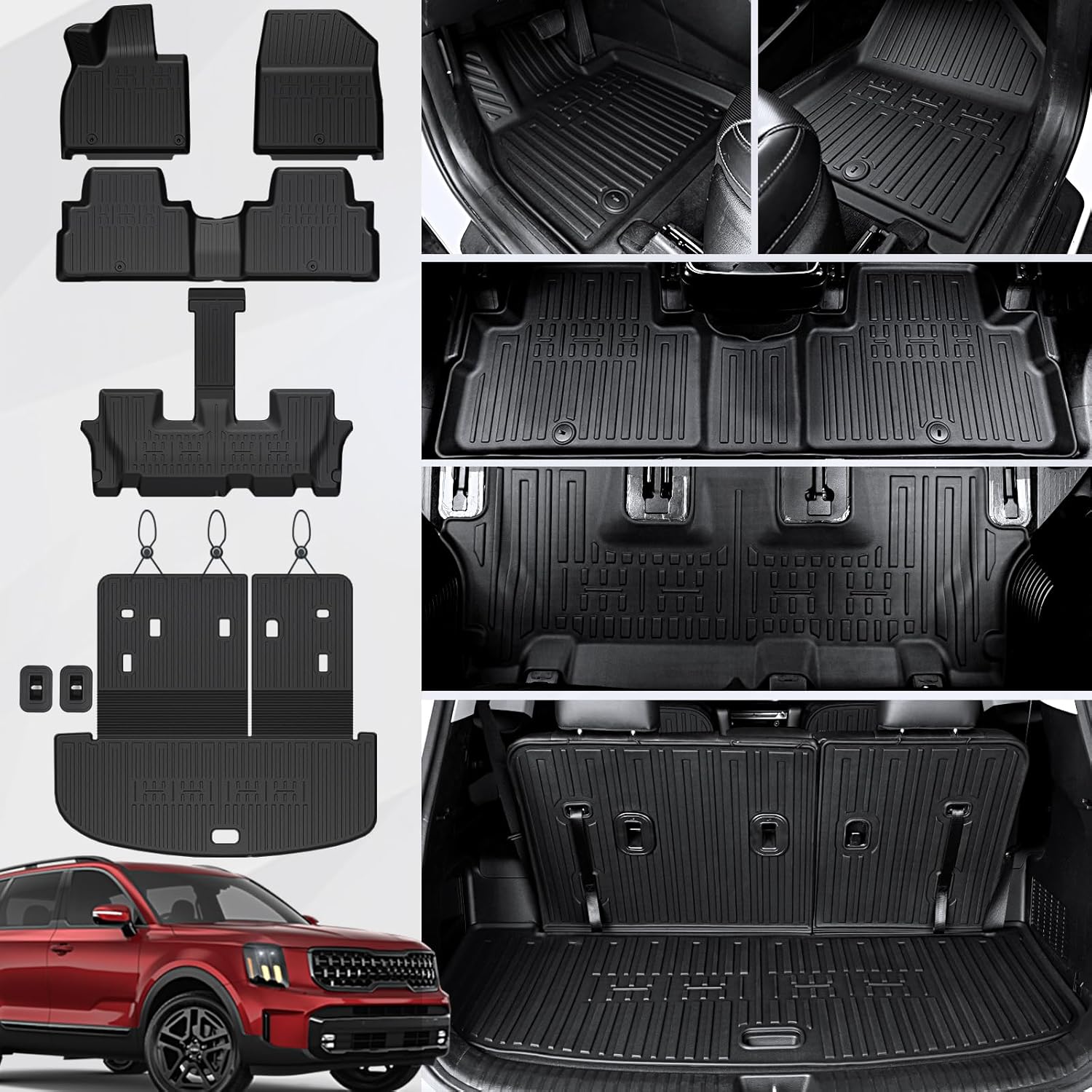 JOULARISE Floor Mats Cargo Mat with Backrest Mats for 2020-2025 Kia Telluride 7\/8 Passenger Car Mats Accessories, All Weather TPE Protectors Cargo Liner Seat Back Covers(Floor Mats+2-in-1 Cargo Mat)