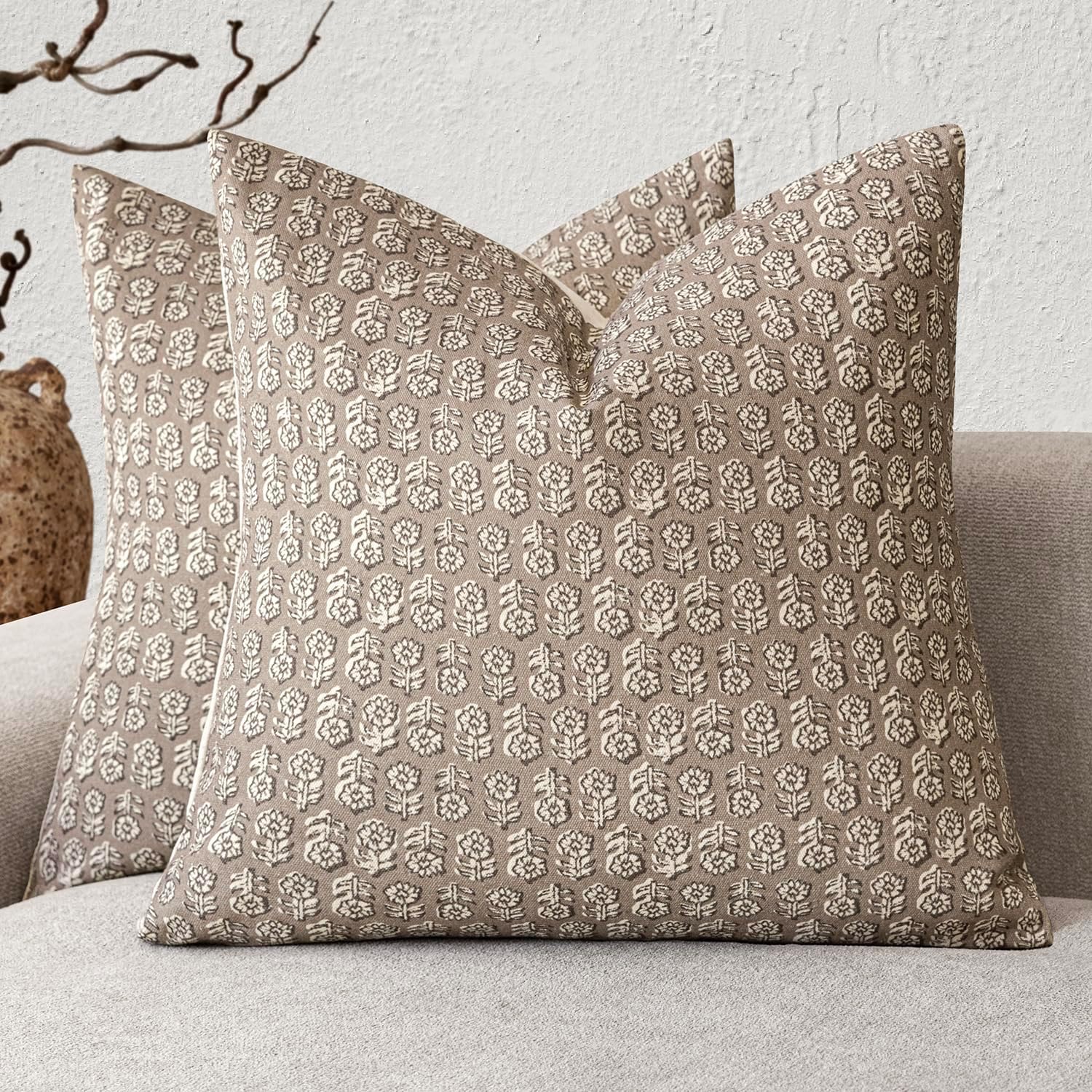 Foindtower Set of 2 Decorative Vintage Floral Print Throw Pillow Covers Neutral Modern Farmhouse Cushion Covers Boho Home Decor for Sofa Chair Couch Bedroom Living Room,18×18 Inch,Tan Taupe