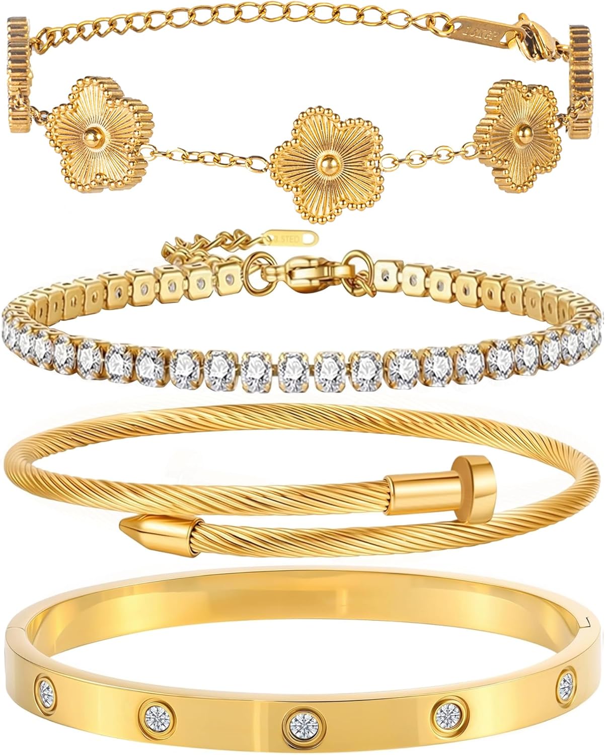 GIVCHO 18K Gold Plated Bangle Bracelet Set for Women Stackable Lucky Floral Adjustable Tennis Bracelet Non Tarnish Gift Jewelry for Christmas Valentines Birthday Mother's Day